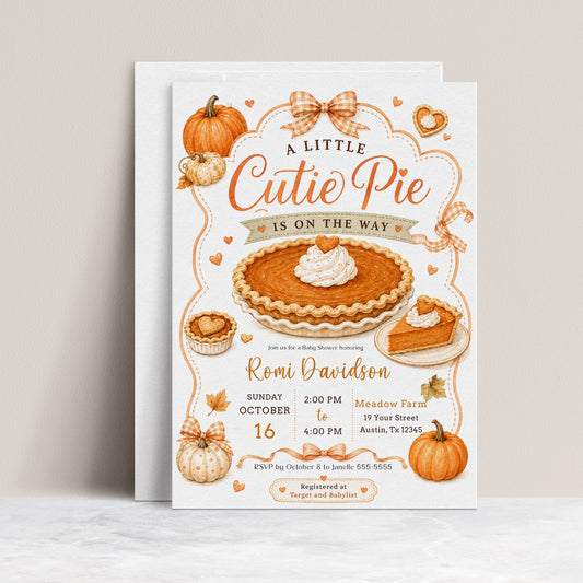 Cutie pie baby shower invitation with pumpkin pie, pumpkins, gingham bows, autumn leaves, mini pies, and cozy fall baby shower details
