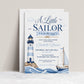 Little sailor nautical baby shower invitation with a lighthouse, sailboat, and ocean waves in navy and light blue