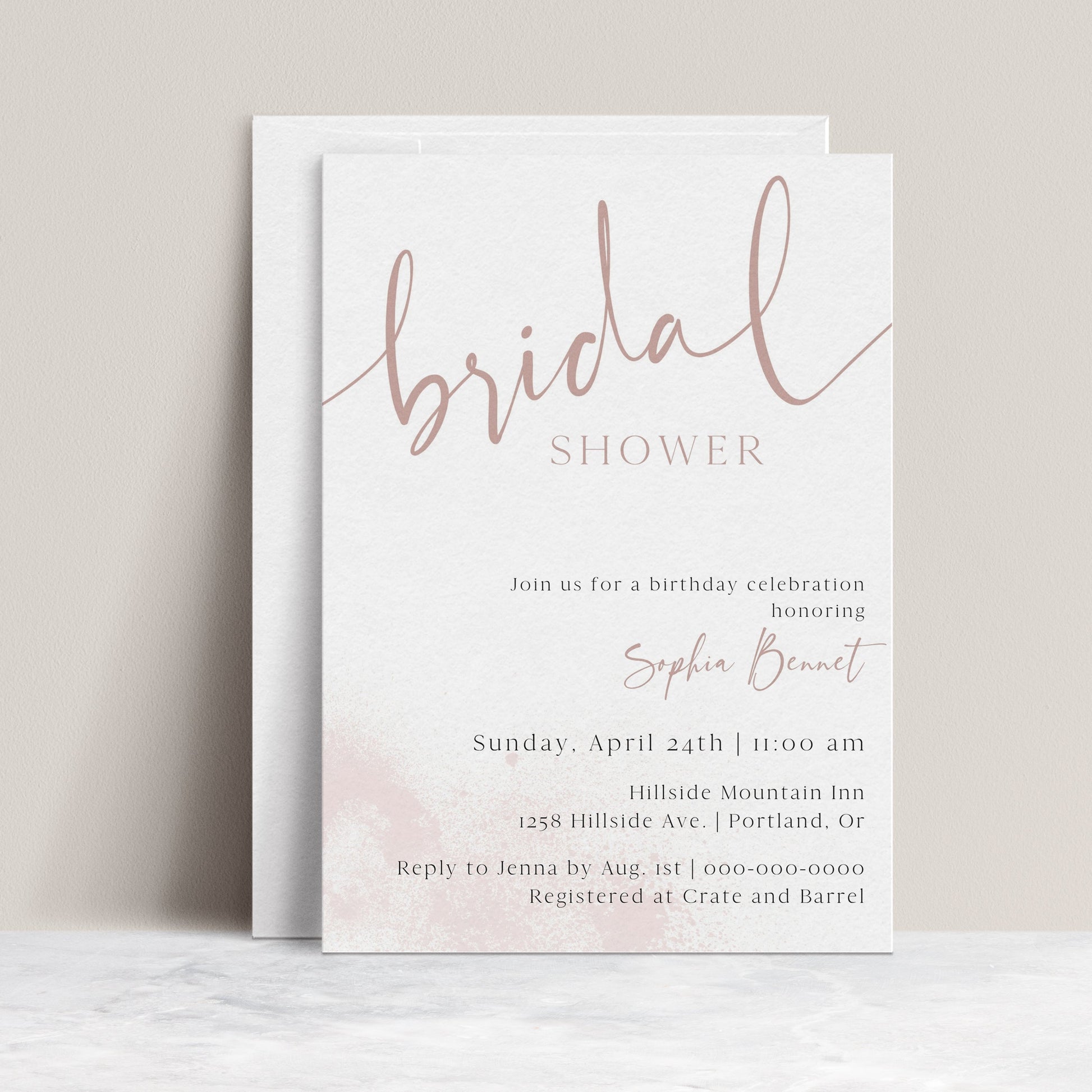 Latte minimalist bridal shower invitation template with oversized dusty rose calligraphy script and soft watercolor wash, editable in Canva