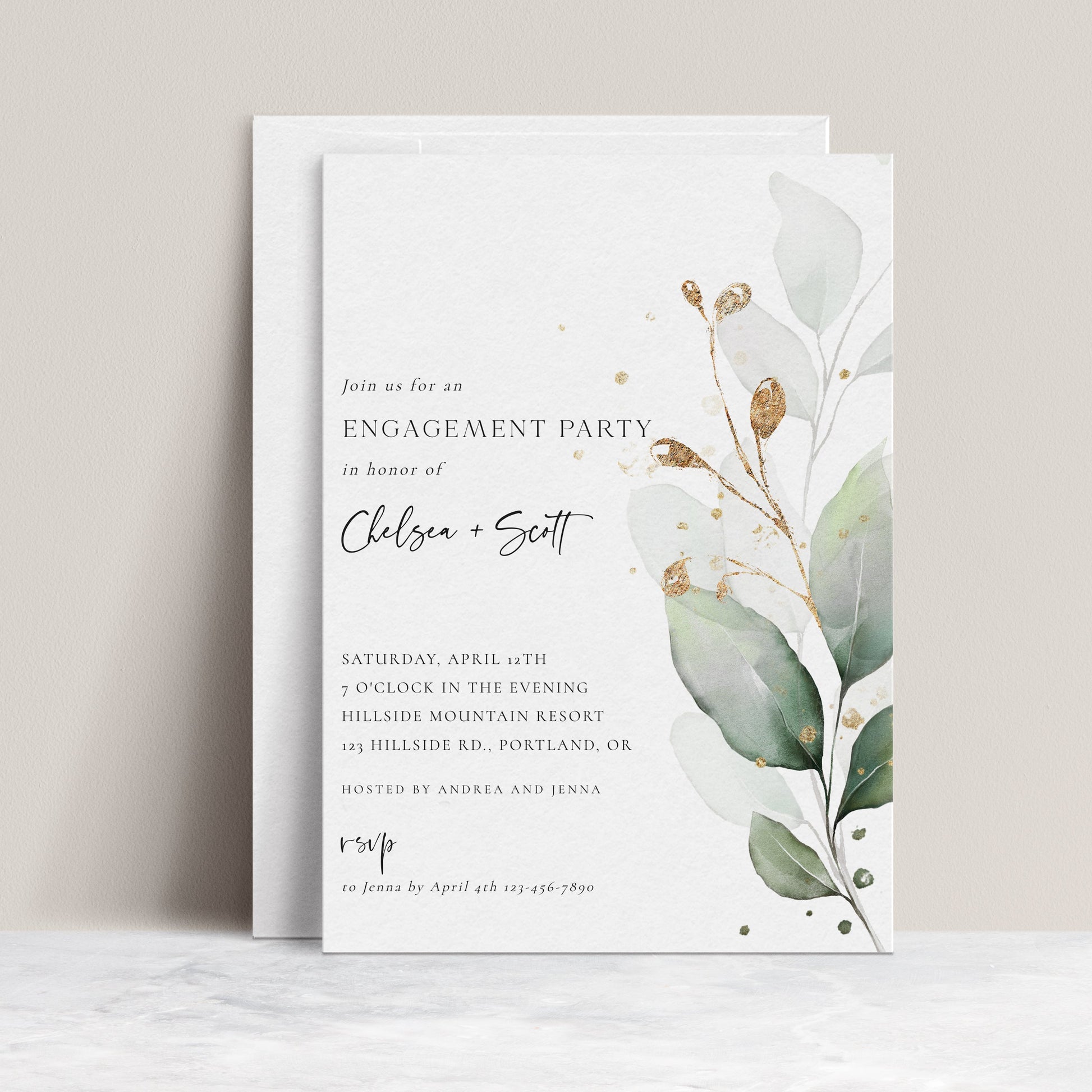 Engagement party invitation with watercolor greenery and gold accents, editable with Corjl | www.foreveryourprints.com
