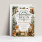 Woodland baby shower invitation with fox, bear, deer, raccoon, bunny, owl, squirrel, greenery, pine branches, mushrooms, acorns, and adventure details