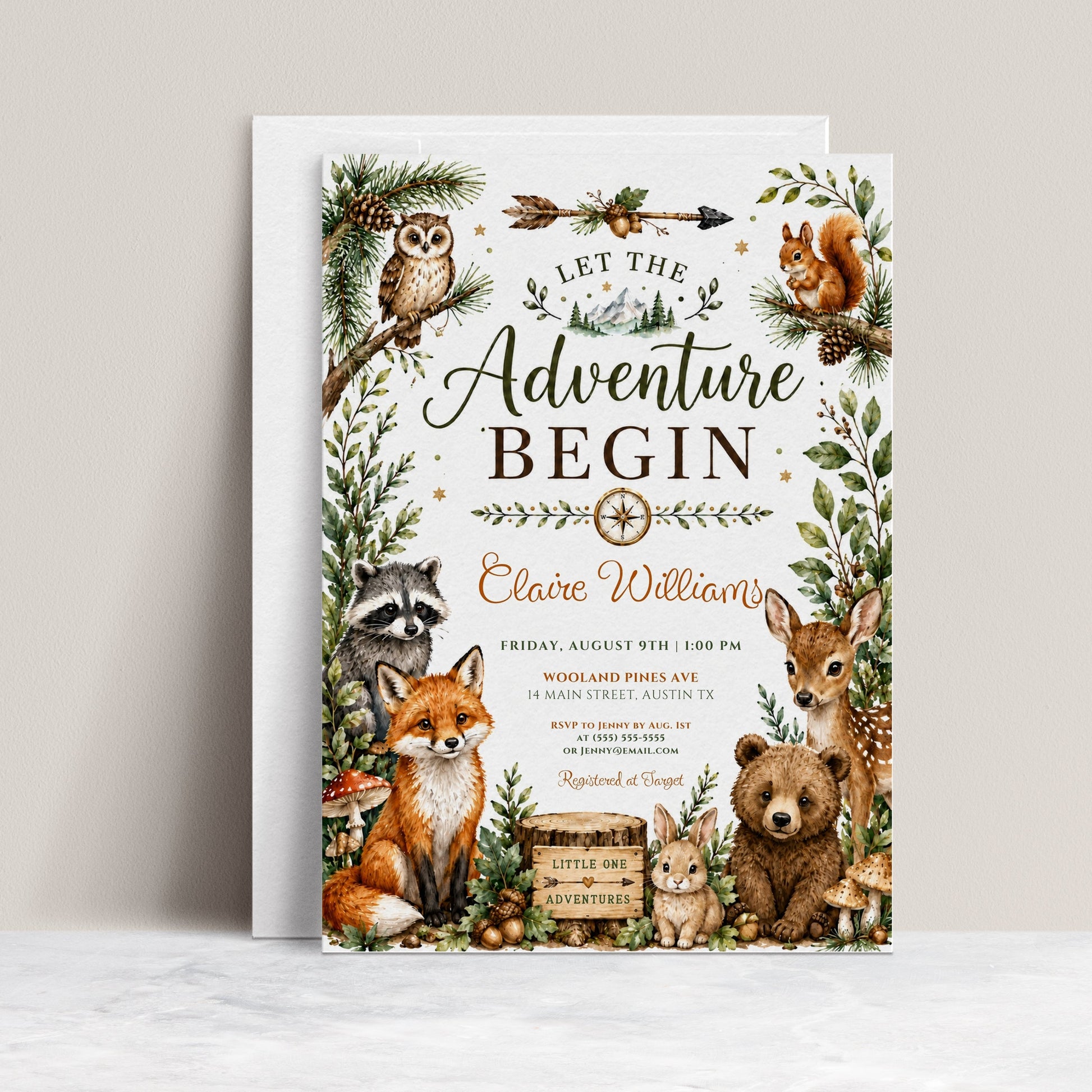 Woodland baby shower invitation with fox, bear, deer, raccoon, bunny, owl, squirrel, greenery, pine branches, mushrooms, acorns, and adventure details