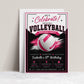 Pink volleyball birthday invitation with a pink and white volleyball and brush strokes in pink, black, and white