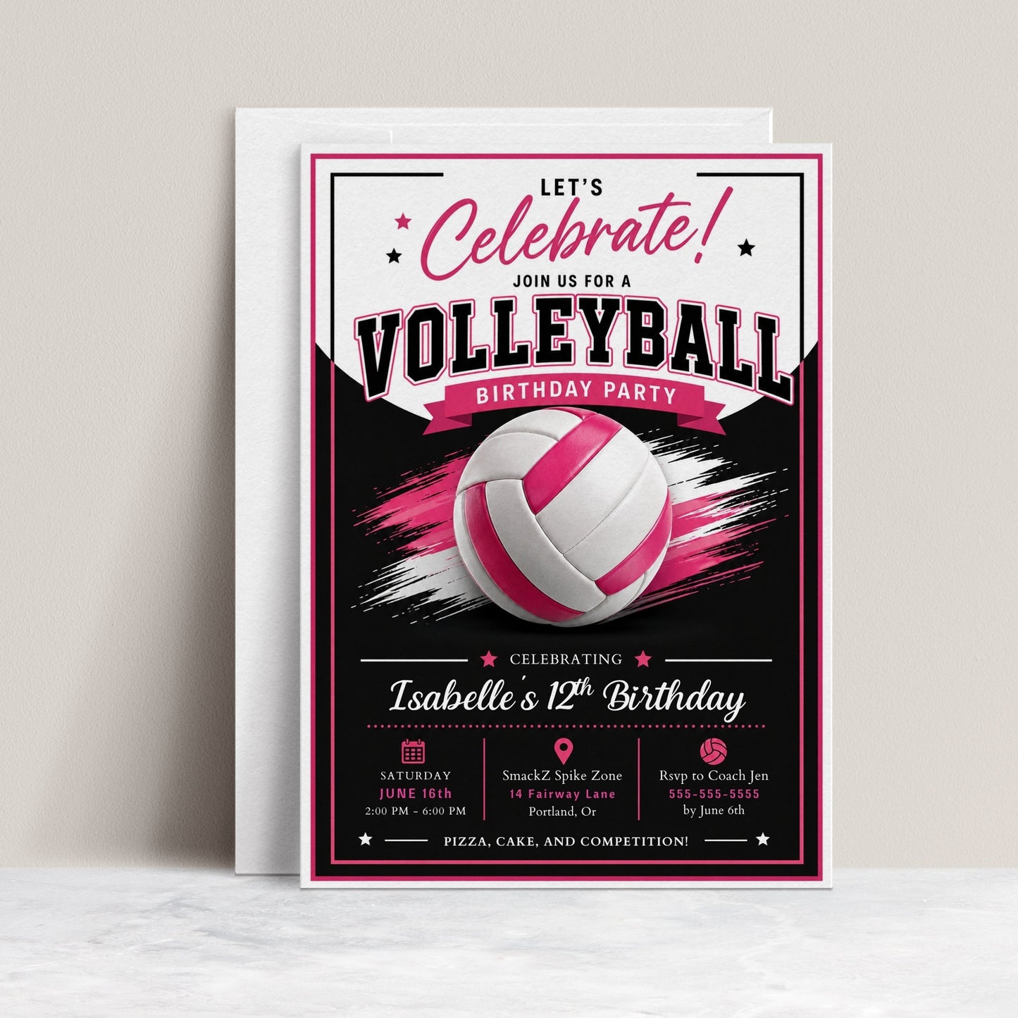 Pink volleyball birthday invitation with a pink and white volleyball and brush strokes in pink, black, and white
