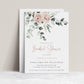 Blush floral and greenery bridal shower invitation template with watercolor roses and eucalyptus botanicals and rose gold calligraphy script, editable in Canva
