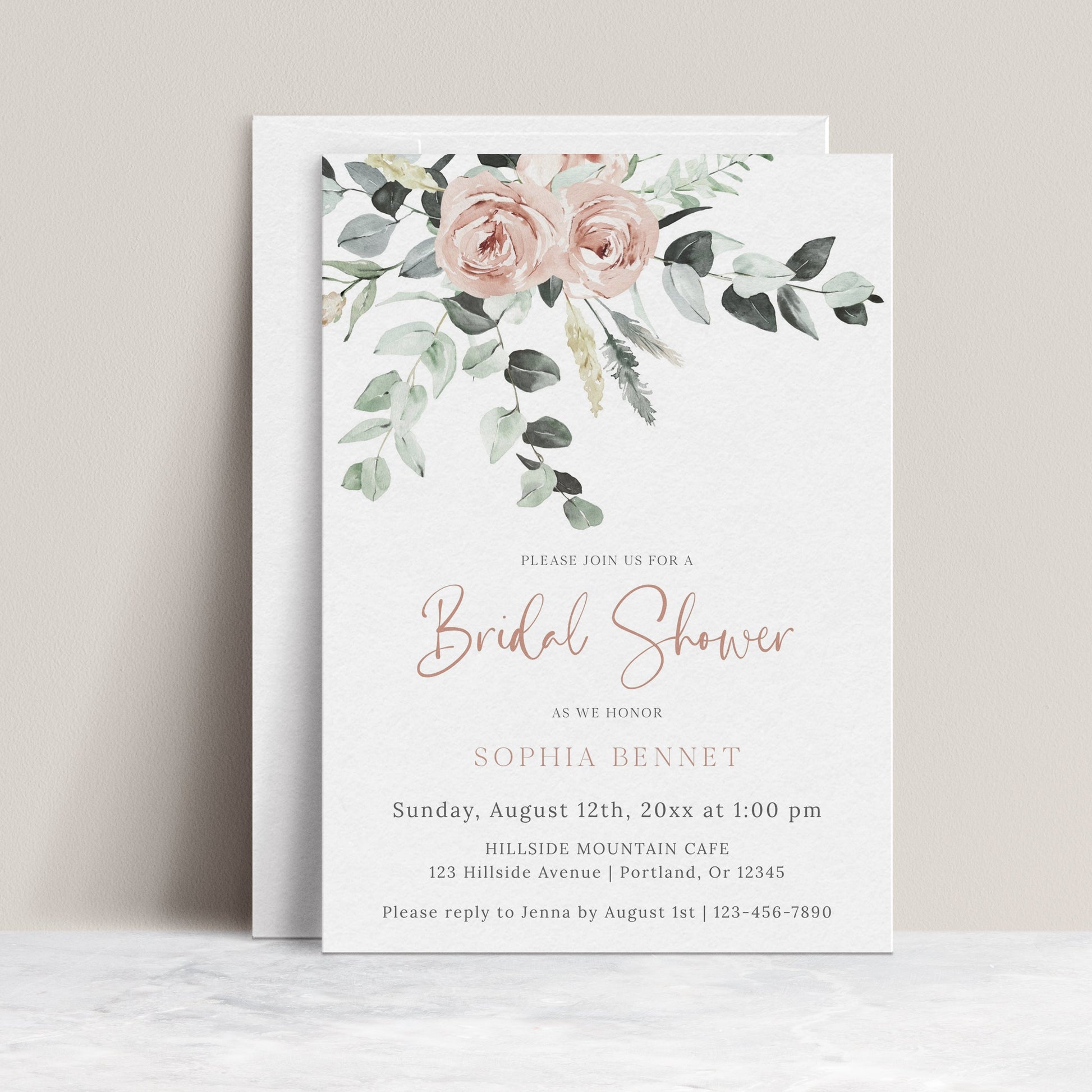 Blush floral and greenery bridal shower invitation template with watercolor roses and eucalyptus botanicals and rose gold calligraphy script, editable in Canva