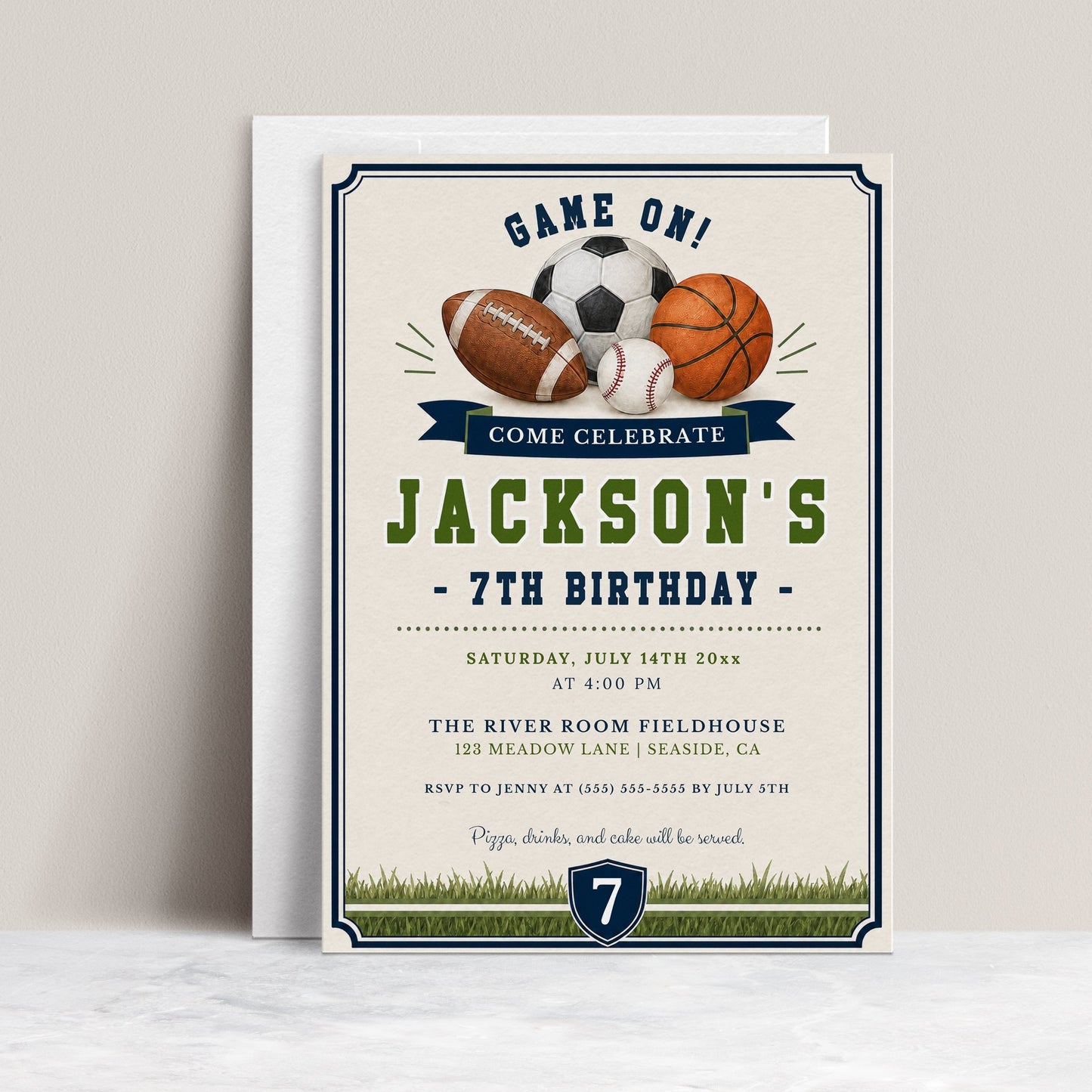 All star sports birthday invitation with a football, soccer ball, basketball, and baseball in navy and green