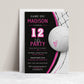 Volleyball girl birthday invitation with a volleyball and net in bold pink, black, and white