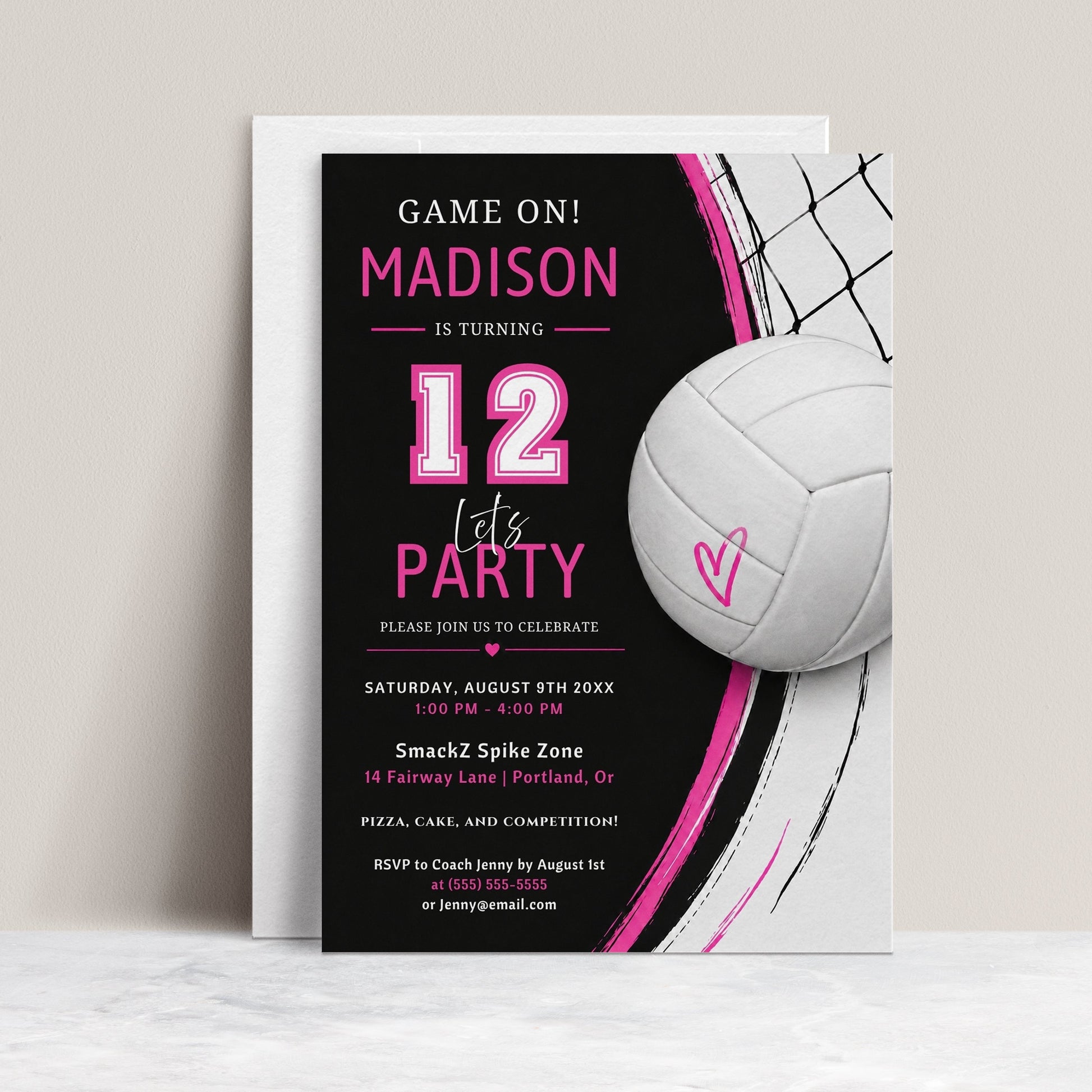 Volleyball girl birthday invitation with a volleyball and net in bold pink, black, and white