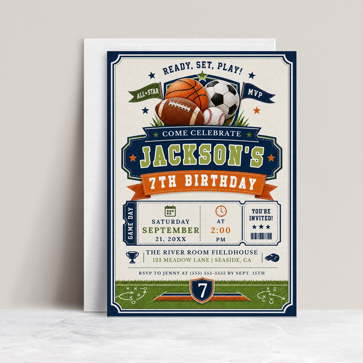 All-star birthday invitation with soccer ball, basketball, football, baseball, varsity lettering, pennant flags, stars, whistle, foam finger, and navy green red sports details
