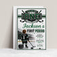 First Period first birthday invitation with little hockey player, ice rink, scoreboard, goal net, hockey stick, puck, and green black sports party details