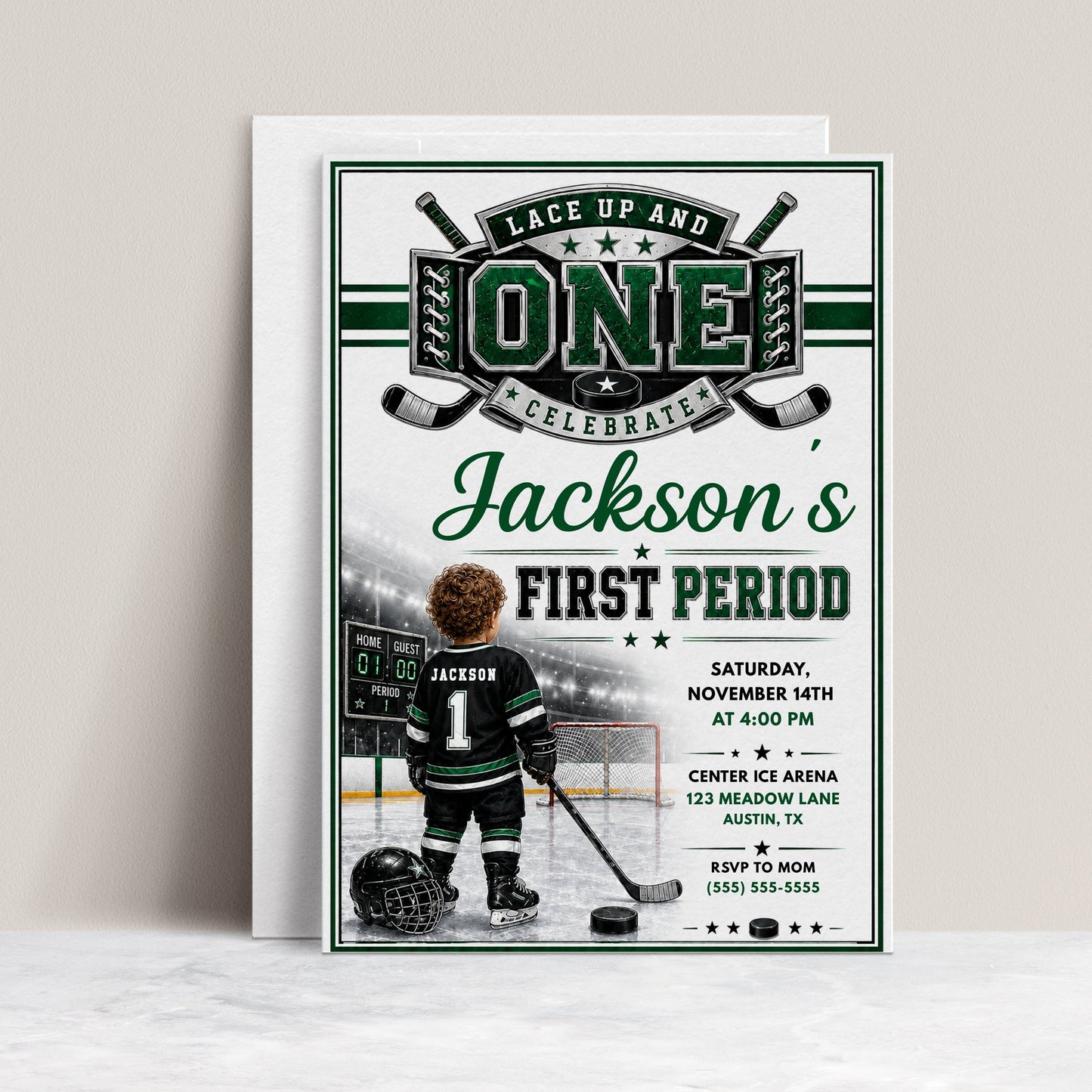 First Period first birthday invitation with little hockey player, ice rink, scoreboard, goal net, hockey stick, puck, and green black sports party details