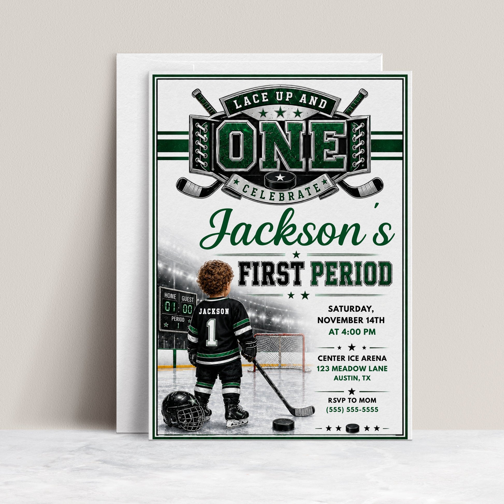 First Period first birthday invitation with little hockey player, ice rink, scoreboard, goal net, hockey stick, puck, and green black sports party details