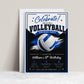 Volleyball boy birthday invitation with a blue and white volleyball and brush strokes in blue, black, and white
