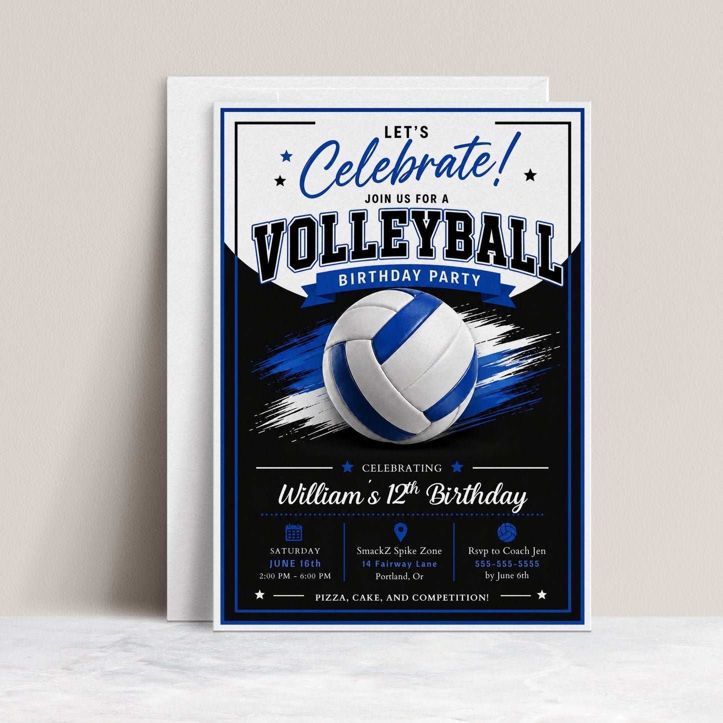 Volleyball boy birthday invitation with a blue and white volleyball and brush strokes in blue, black, and white