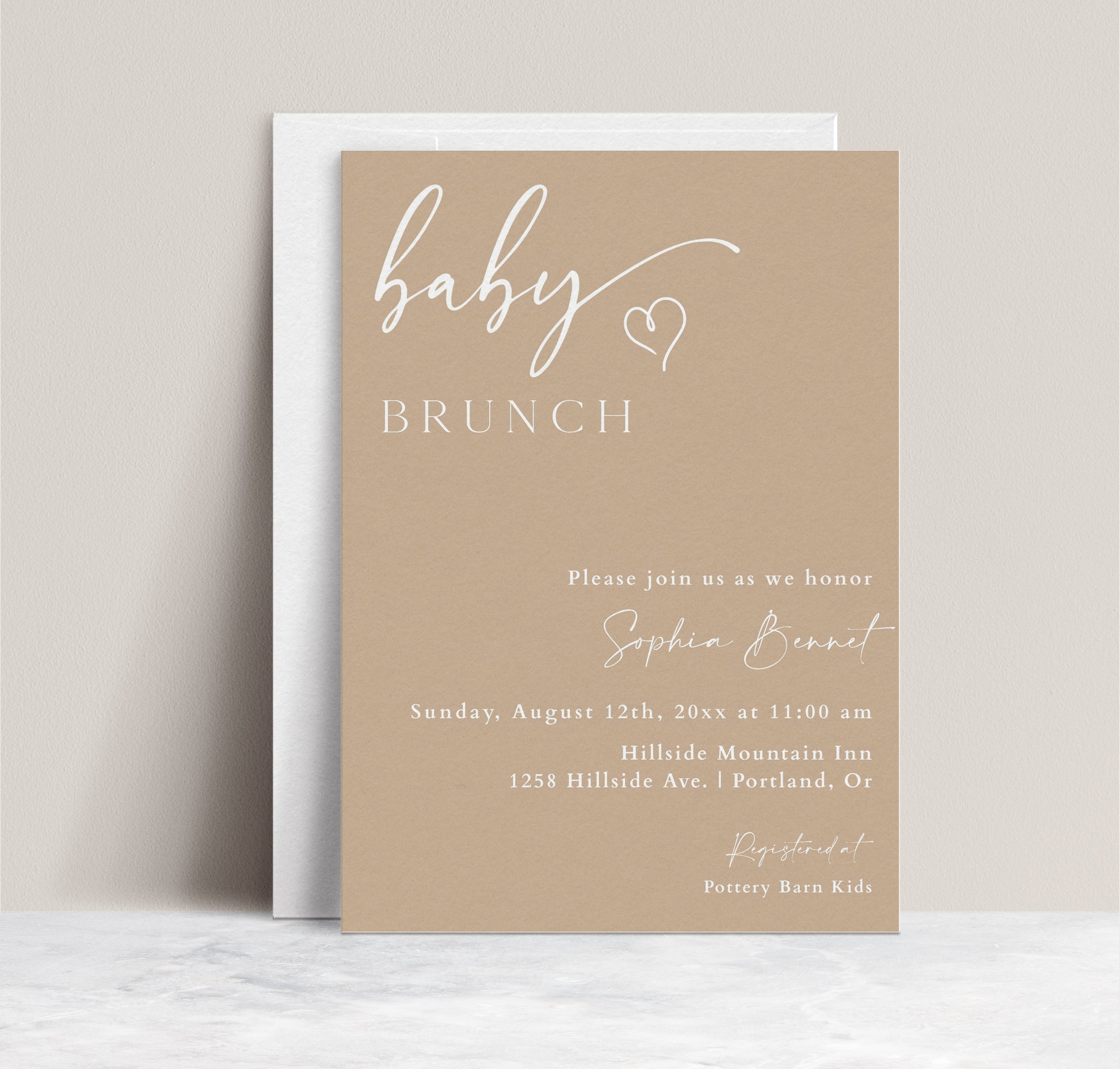 Minimalist baby brunch invitation template with warm beige background and white script typography, editable in Canva