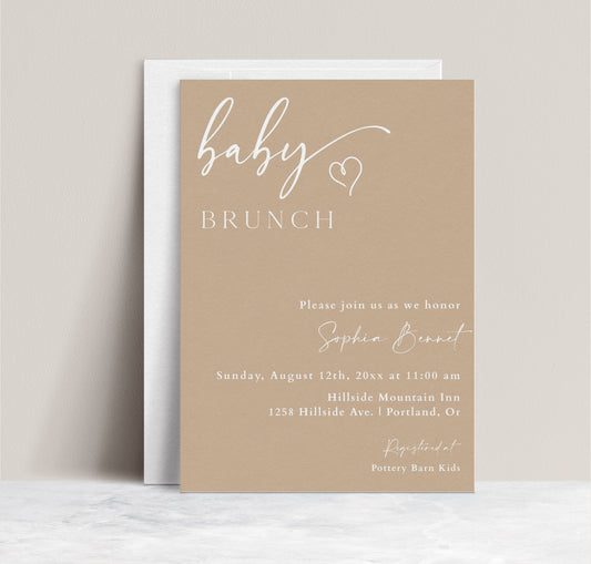 Minimalist baby brunch invitation template with warm beige background and white script typography, editable in Canva