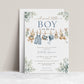 Editable boy baby shower invitation Canva template with watercolour clothesline scene featuring denim overalls, knit bonnet, booties, toy airplane, wooden pull dog, and teddy bear with eucalyptus border on a white background