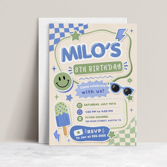 Boys retro birthday invitation in blue and green featuring a smiley face, sunglasses, checkerboard patterns, stars, lightning bolts and a popsicle.