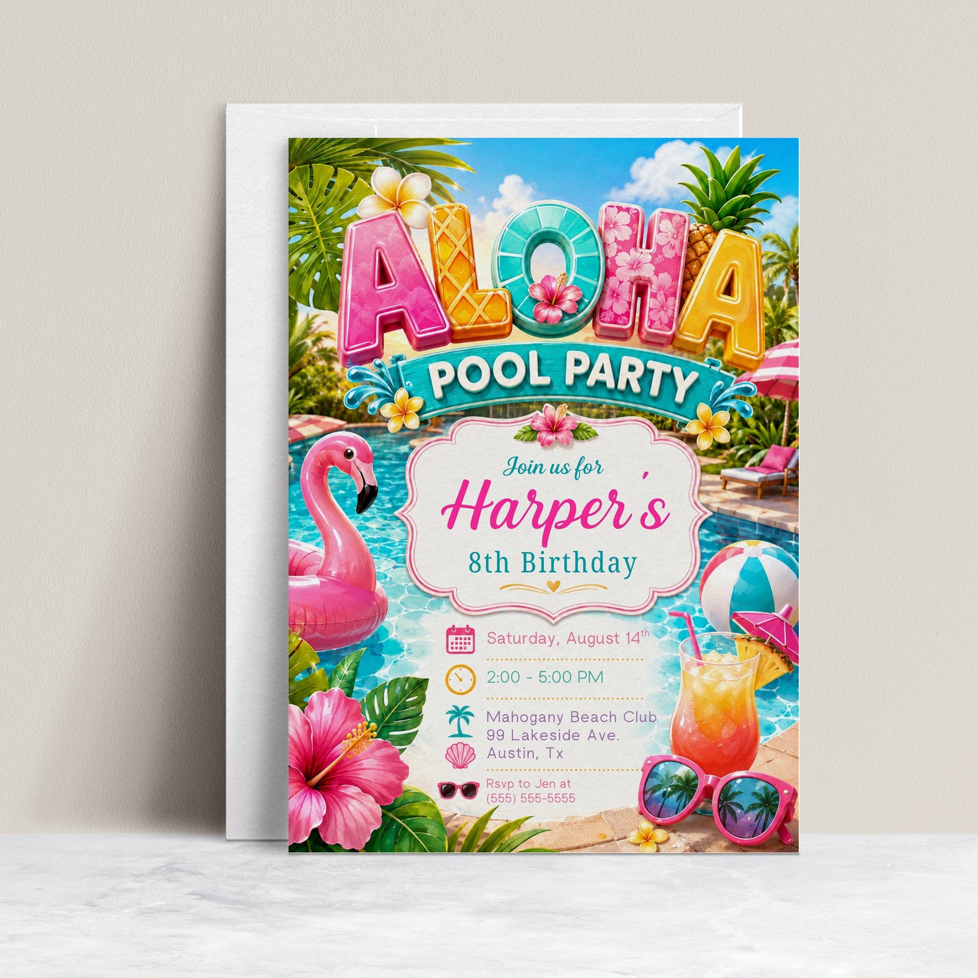 Aloha pool party birthday invitation featuring a tropical swimming pool, pink flamingo float, hibiscus flowers, beach ball, sunglasses and fruit drink.
