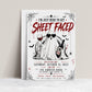 Sheet Faced Halloween party invitation with wine-drinking ghost, heart sunglasses, bats, spiders, skulls, and funny adult Halloween party details