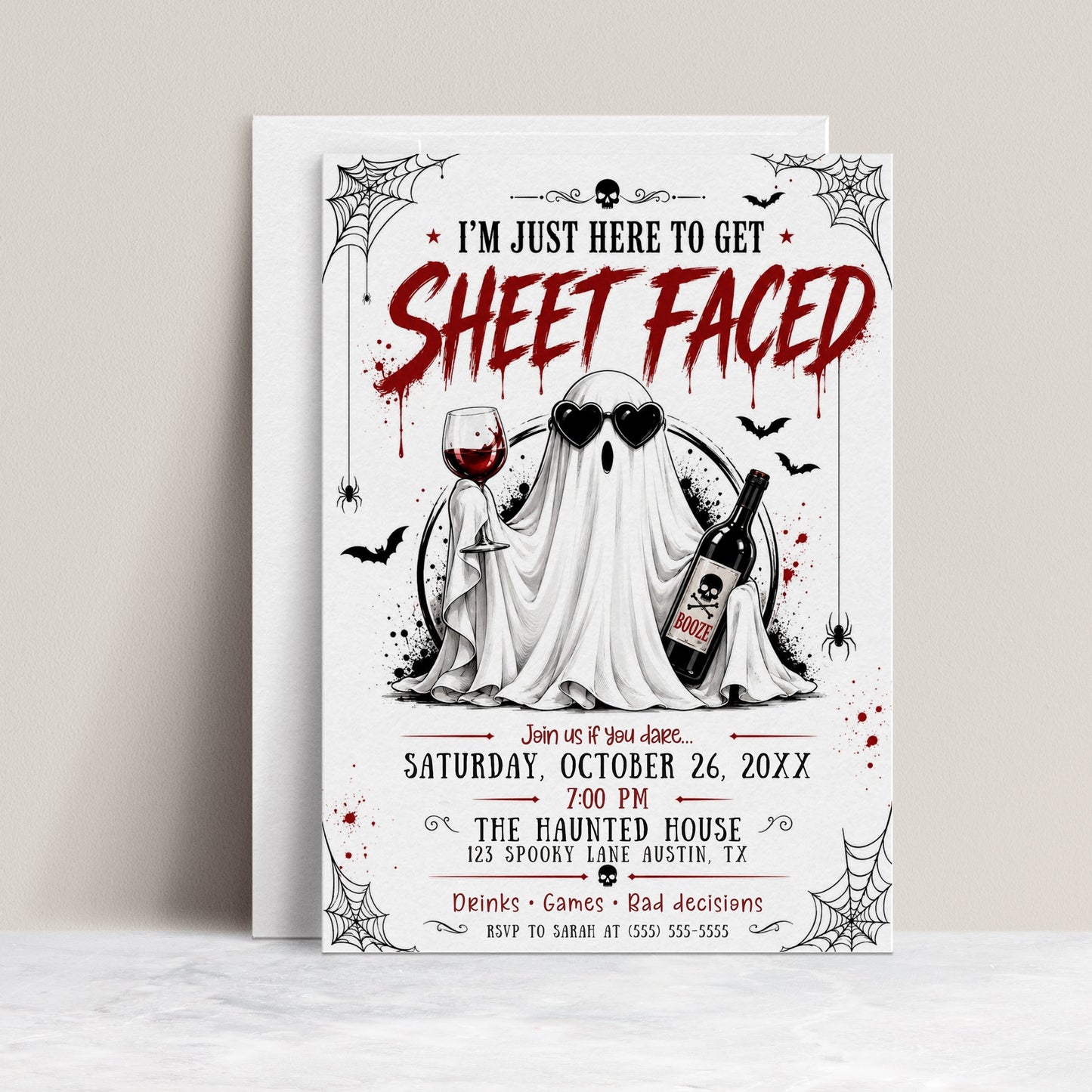 Sheet Faced Halloween party invitation with wine-drinking ghost, heart sunglasses, bats, spiders, skulls, and funny adult Halloween party details
