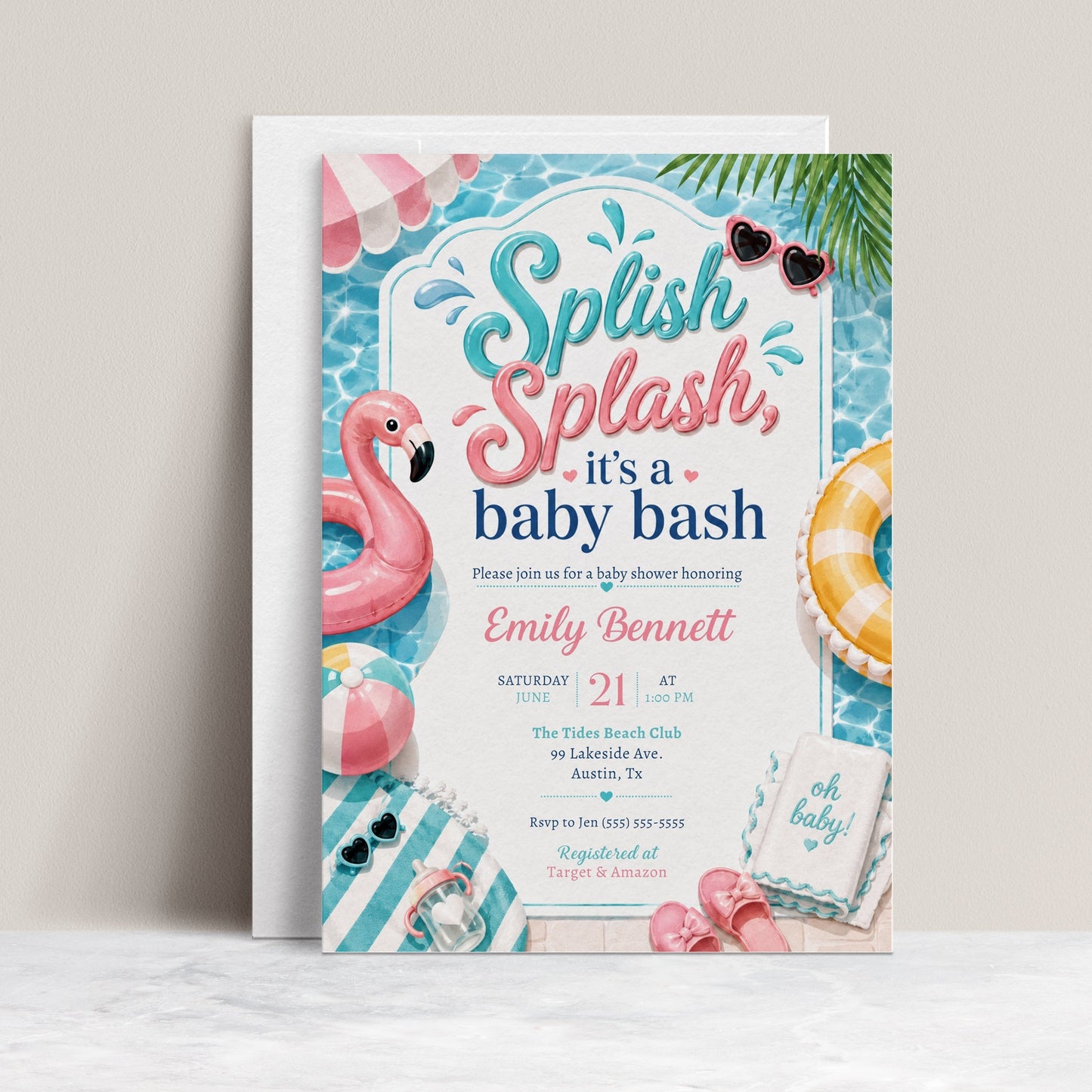 Pool party baby shower invitation with a flamingo float, beach ball, and pink umbrella in pink and aqua