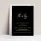 Black and gold 30th birthday invitation template with gold calligraphy script on dramatic black background, editable in Canva