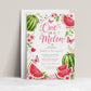 One in a Melon first birthday invitation featuring watercolor watermelons, pink flowers, butterflies, greenery and gold hearts.
