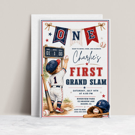 Baseball first birthday invitation featuring a little boy in a baseball uniform, ONE banner, scoreboard, bat, glove, helmet and red and navy details.
