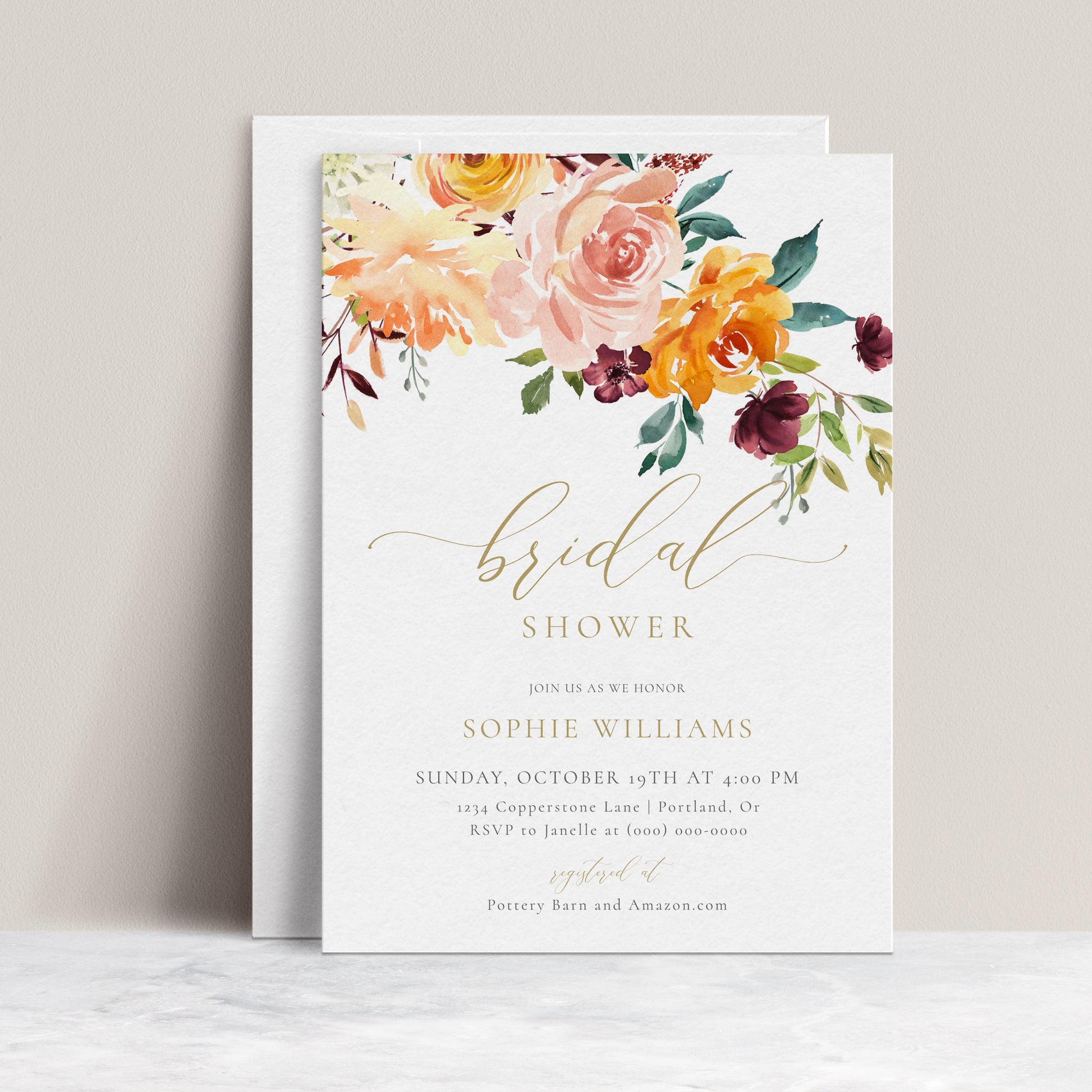 Fall floral bridal shower invitation with watercolor flowers and elegant script text | www.foreveryourprints.com