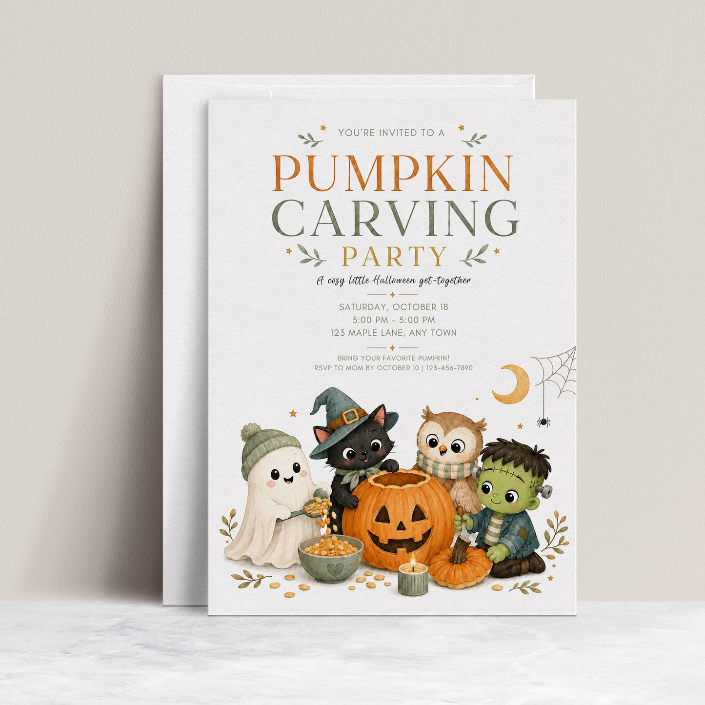 Pumpkin carving party invitation with ghost, black cat, owl, Frankenstein, carved pumpkin, and cute Halloween party details