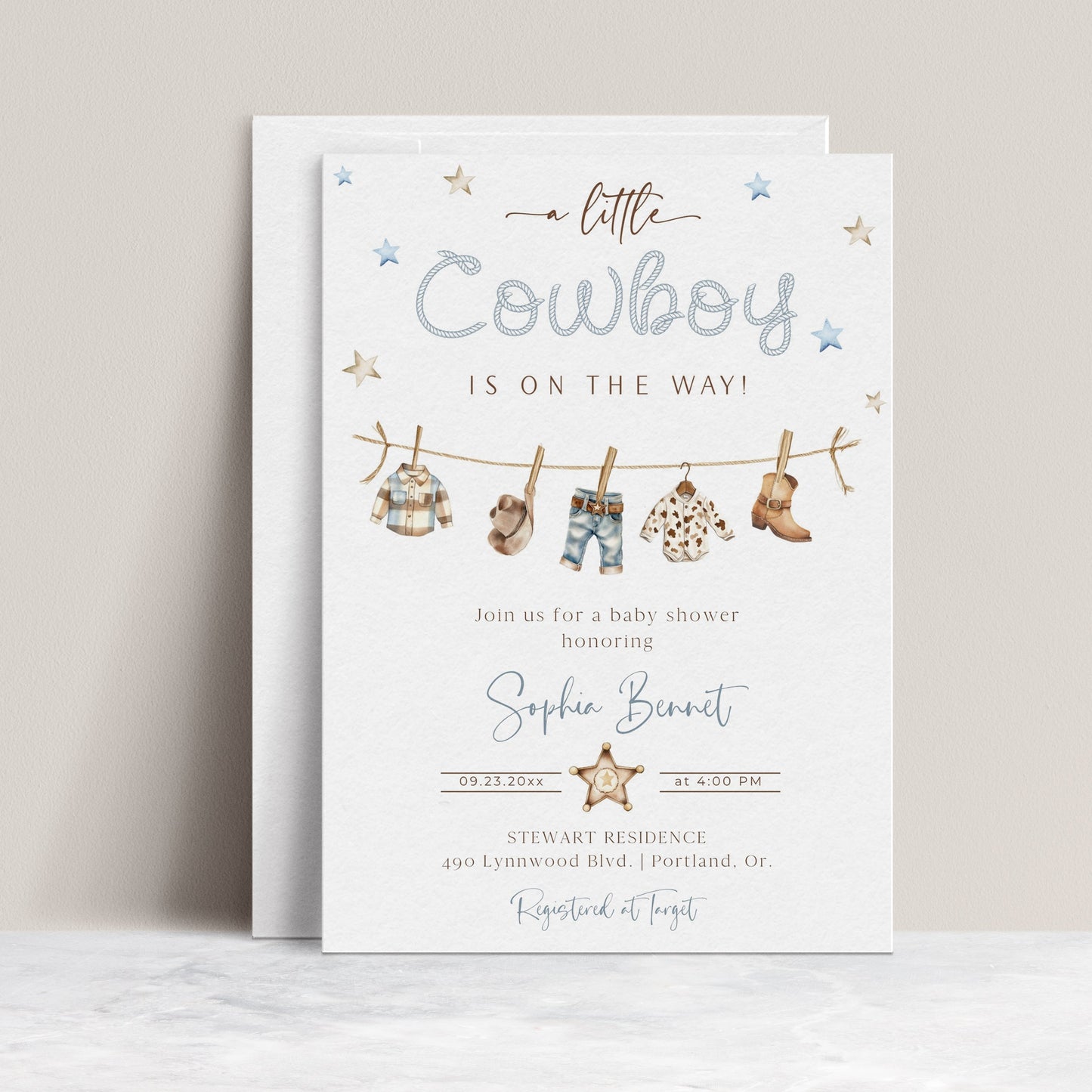 Little cowboy baby shower invitation template with watercolor western elements including boots, cowboy hat, and sheriff star badge, editable in Canva