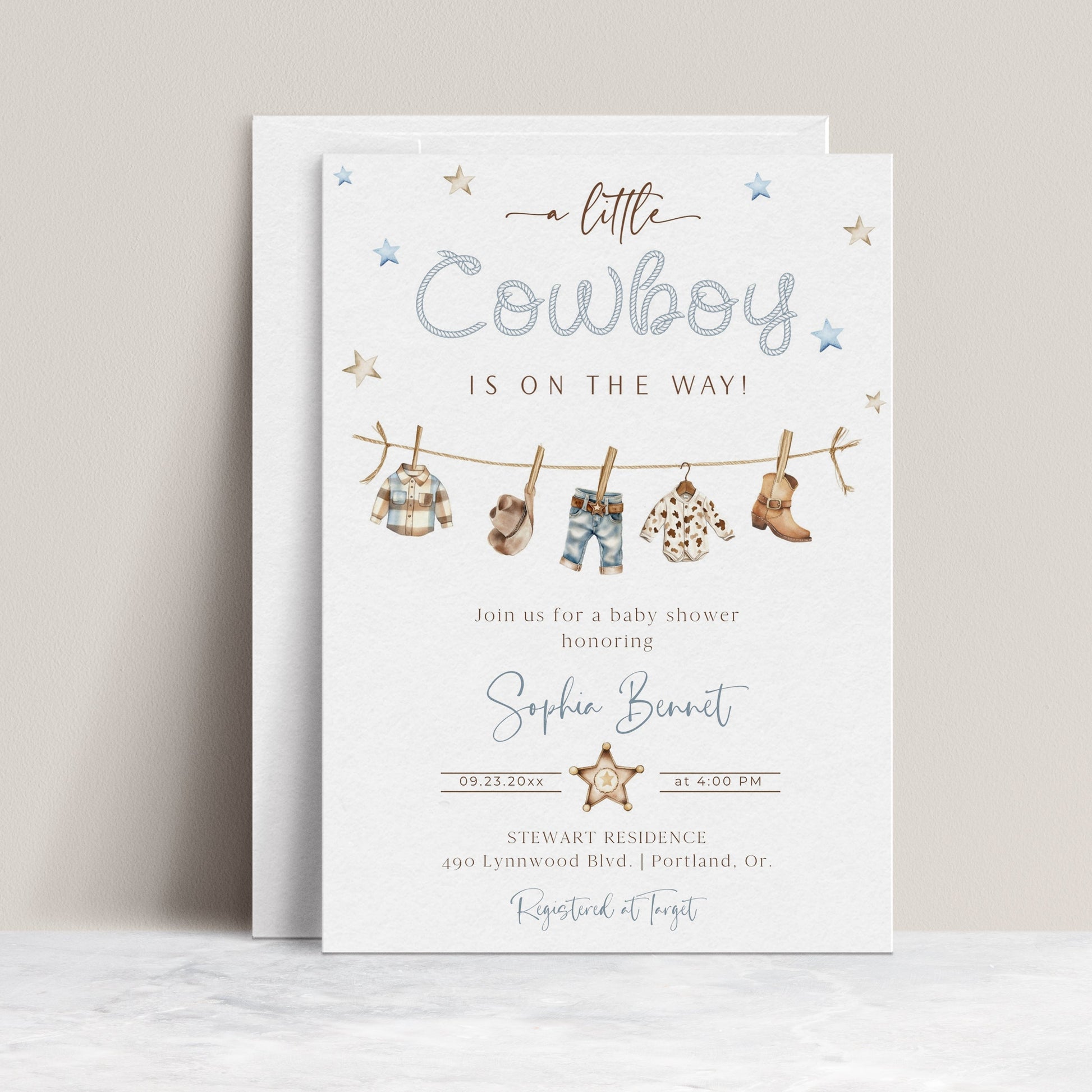 Little cowboy baby shower invitation template with watercolor western elements including boots, cowboy hat, and sheriff star badge, editable in Canva