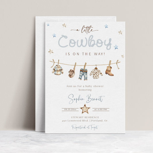 Little cowboy baby shower invitation template with watercolor western elements including boots, cowboy hat, and sheriff star badge, editable in Canva