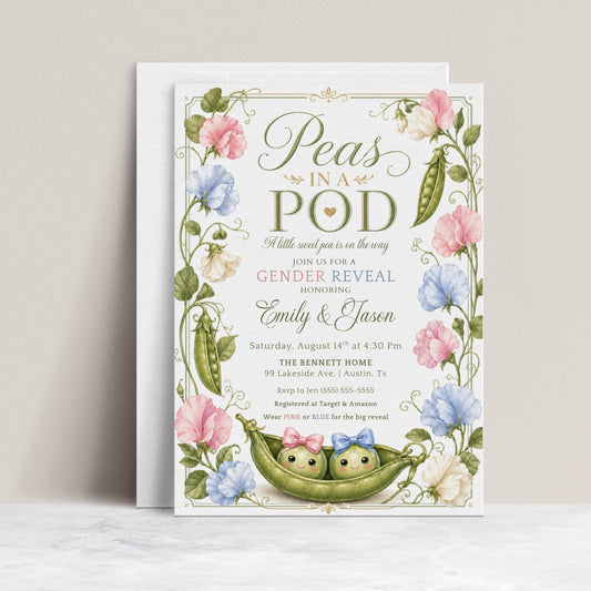 Peas in a pod gender reveal invitation with two peas in pink and blue bows and sweet pea flowers