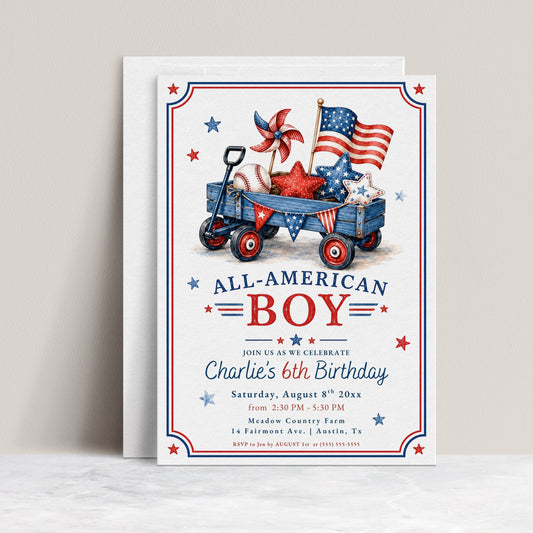 All-American boy birthday invitation featuring a wagon, American flag, baseball and stars in red, white and blue.