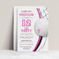 Volleyball girl birthday invitation with a volleyball and net in bold pink, black, and white