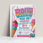 Bruh you in birthday invitation with ice cream cone, cake, baseball, video game controller, waffle letters, sprinkles, and teal pink party details