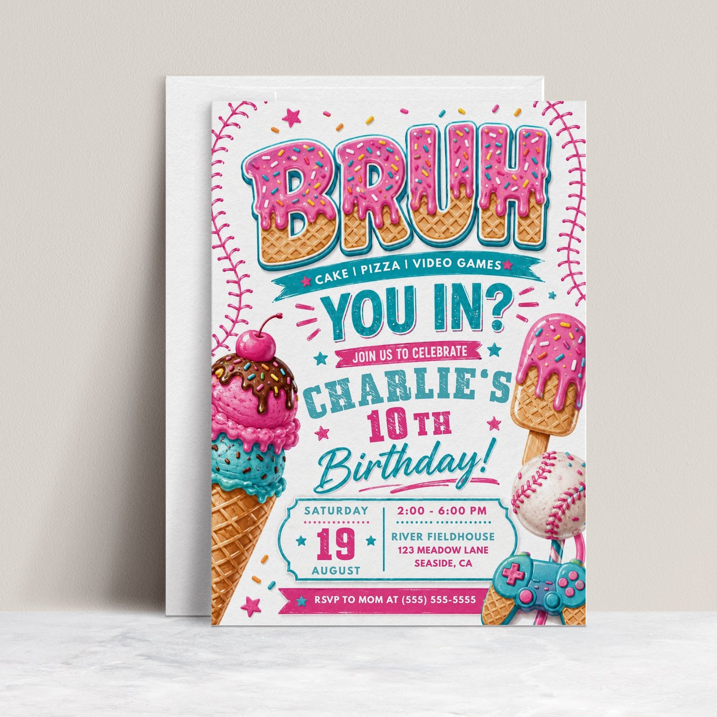 Bruh you in birthday invitation with ice cream cone, cake, baseball, video game controller, waffle letters, sprinkles, and teal pink party details