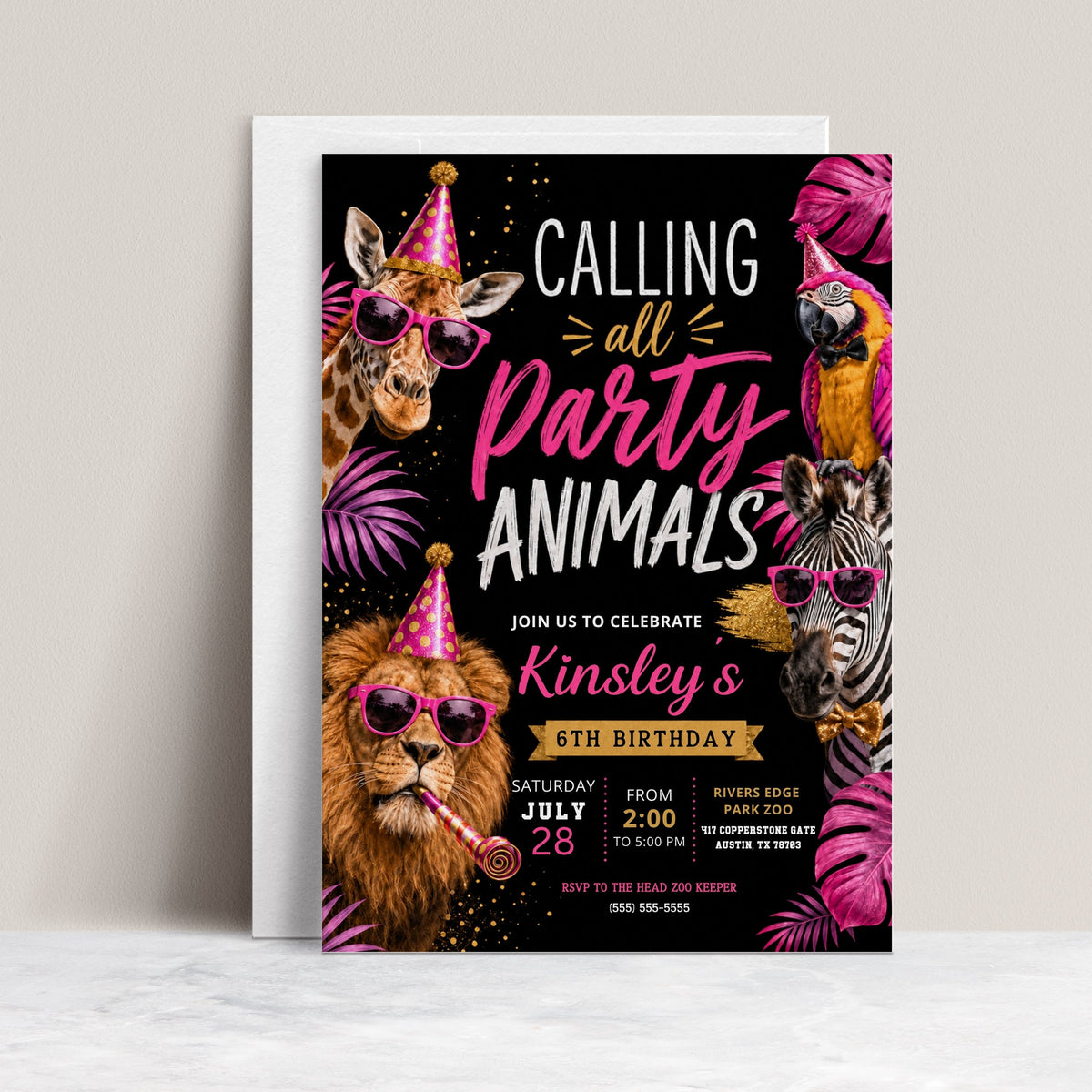 Party Animals birthday invitation with giraffe, zebra, lion, and parrot wearing party hats and pink sunglasses for a girls zoo birthday party