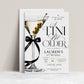 Martini 40th birthday invitation with elegant cocktail glass, olives, black satin bow, gold accents, minimalist white background, and chic milestone party details