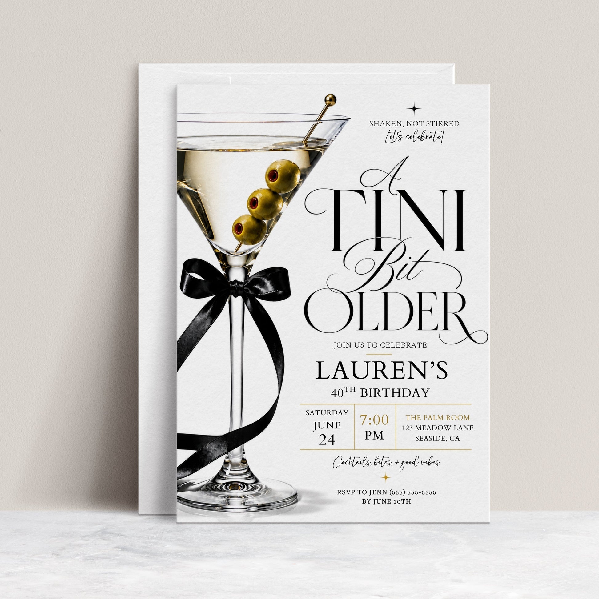 Martini 40th birthday invitation with elegant cocktail glass, olives, black satin bow, gold accents, minimalist white background, and chic milestone party details