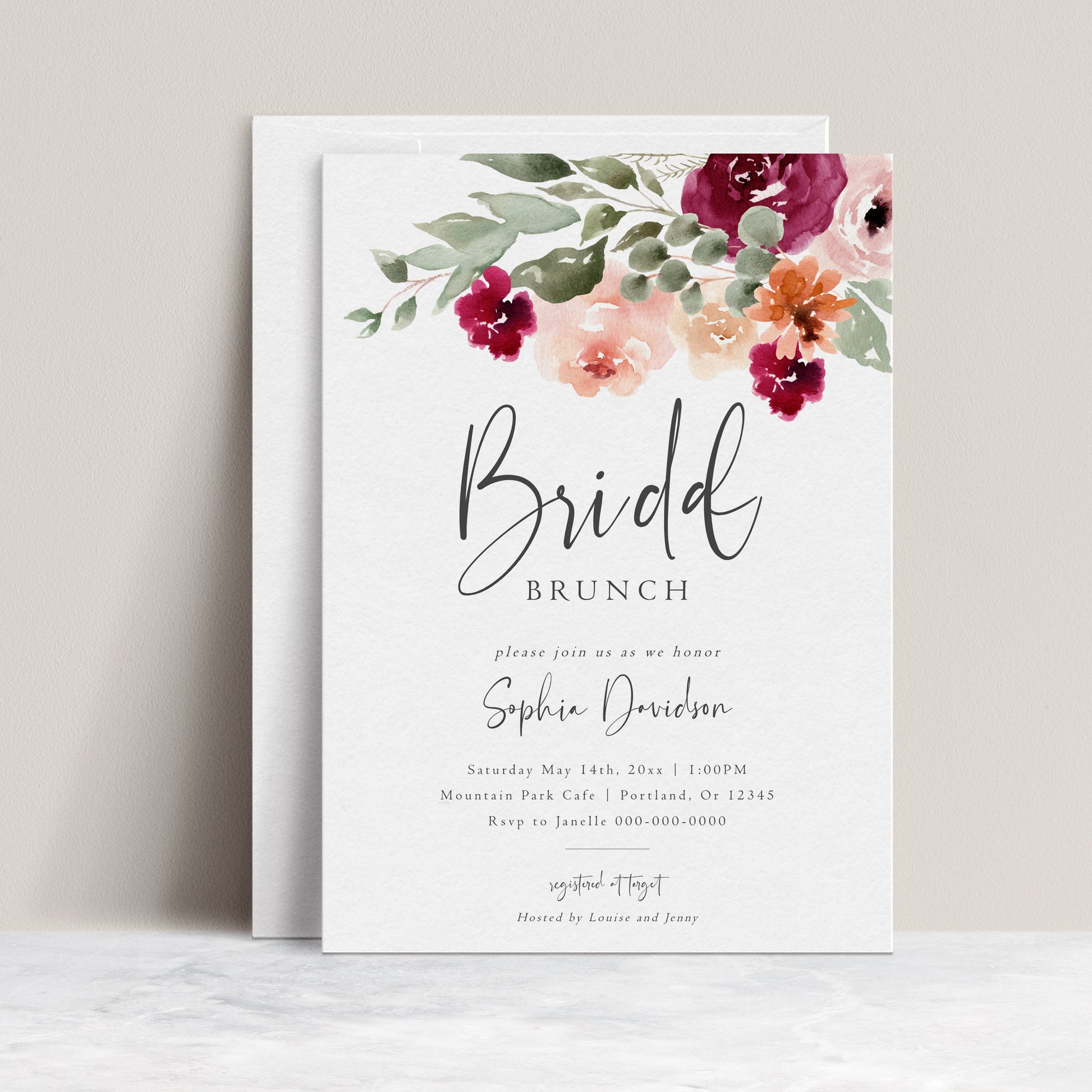 Fall floral bridal shower invitation with watercolor flowers and elegant script text | www.foreveryourprints.com