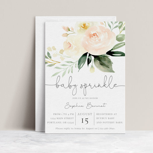 Peach and cream floral baby sprinkle invitation template with oversized watercolor peonies and dark green botanicals, editable in Canva