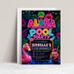 Neon Aloha pool party birthday invitation featuring a glowing pineapple, pink flamingo float, hibiscus flowers, palm trees and colorful tropical lights.
