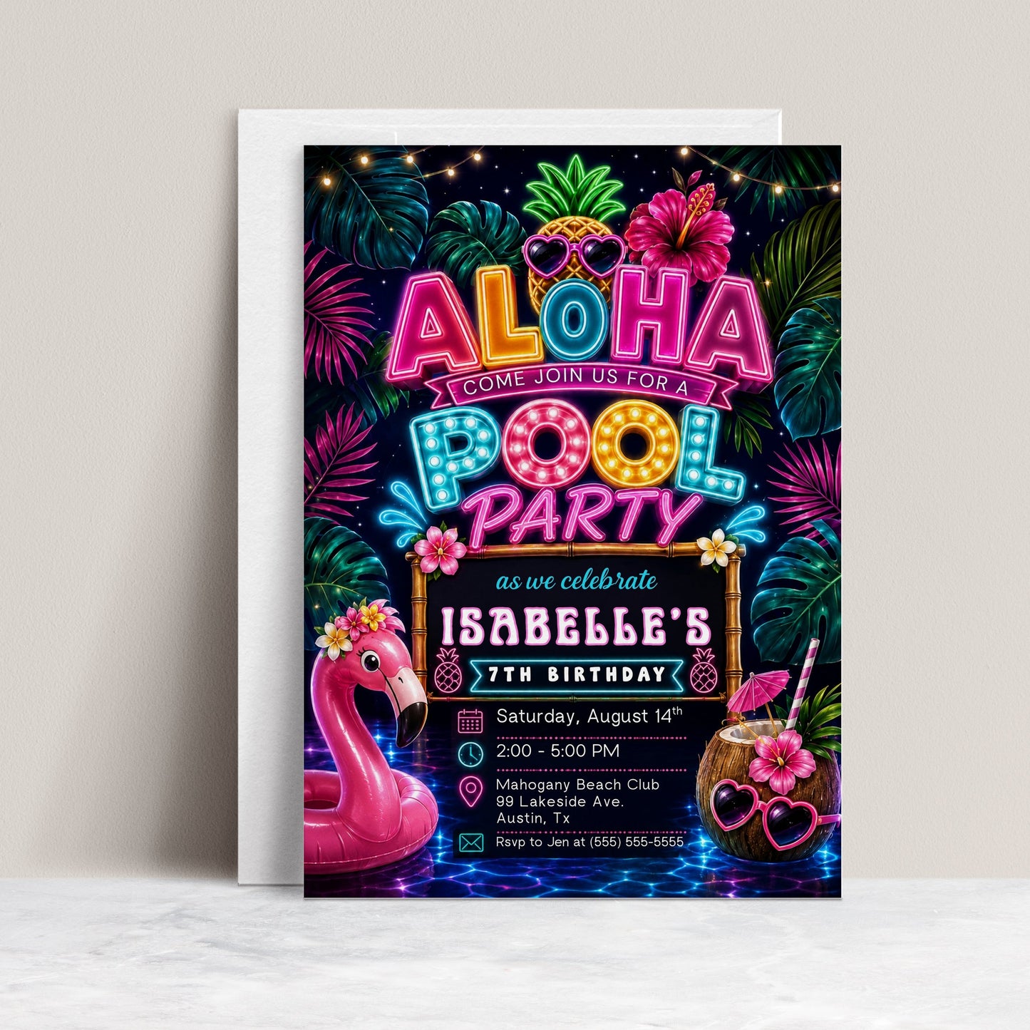 Neon Aloha pool party birthday invitation featuring a glowing pineapple, pink flamingo float, hibiscus flowers, palm trees and colorful tropical lights.
