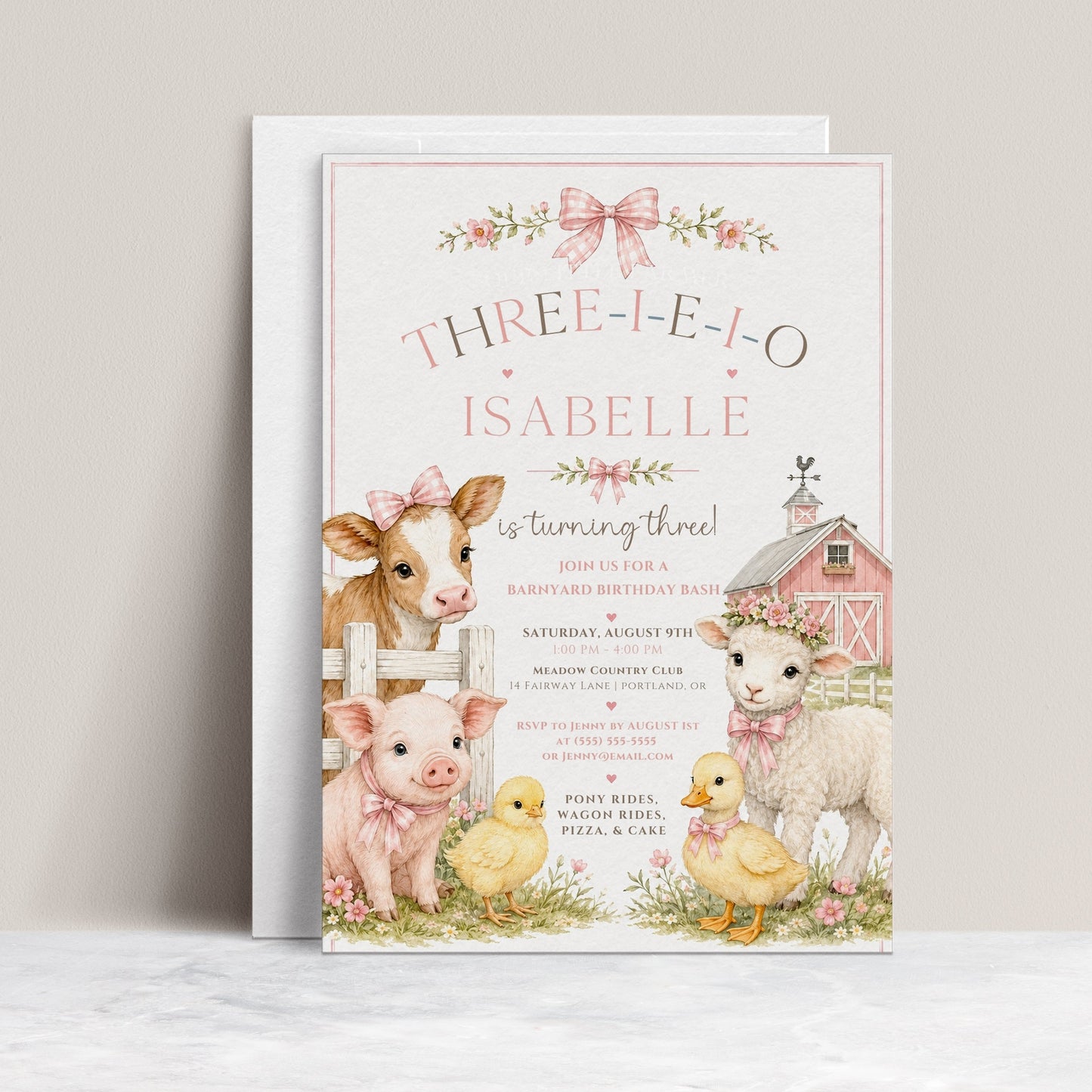 Three-I-E-I-O third birthday invitation for girls featuring a pink barn, cow, pig, lamb, chicks, flowers and pink gingham bows.
