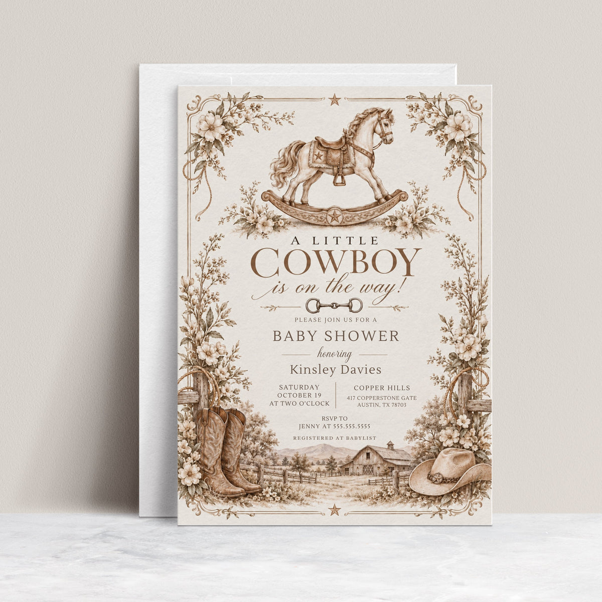 Cowboy baby shower invitation with a brown rocking horse, cowboy boots and hat, rustic barn, and neutral floral border