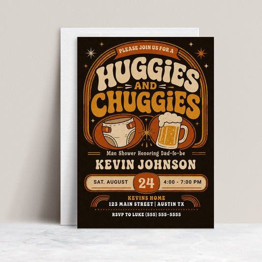 Huggies and Chuggies baby shower invitation with diaper, beer mug, retro typography, orange and cream colors, and vintage man shower party details
